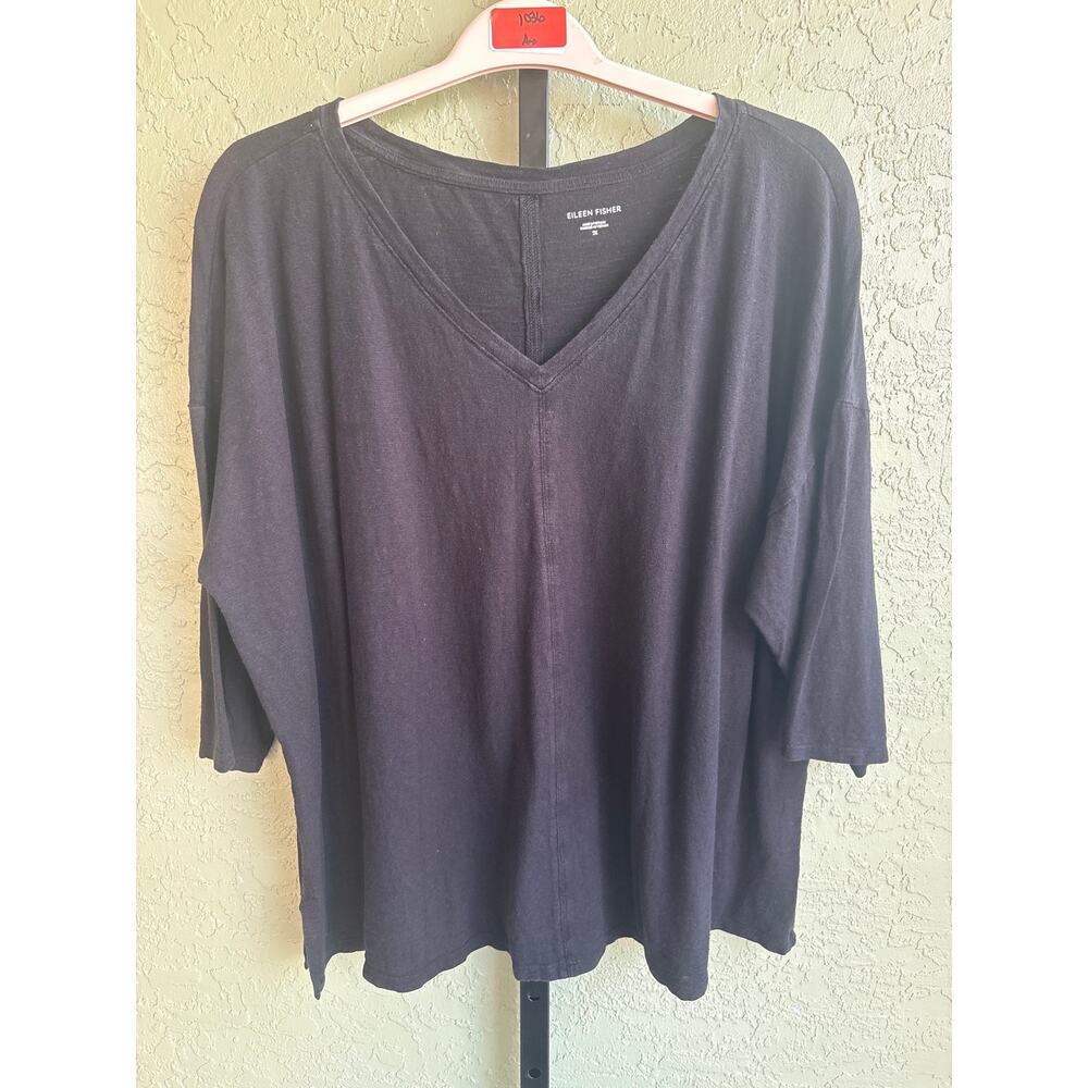 Eileen Fisher Hemp Organic Cotton Tee Womens 2X Plus Black V-Neck Dolman Sleeve - Picture 2 of 6